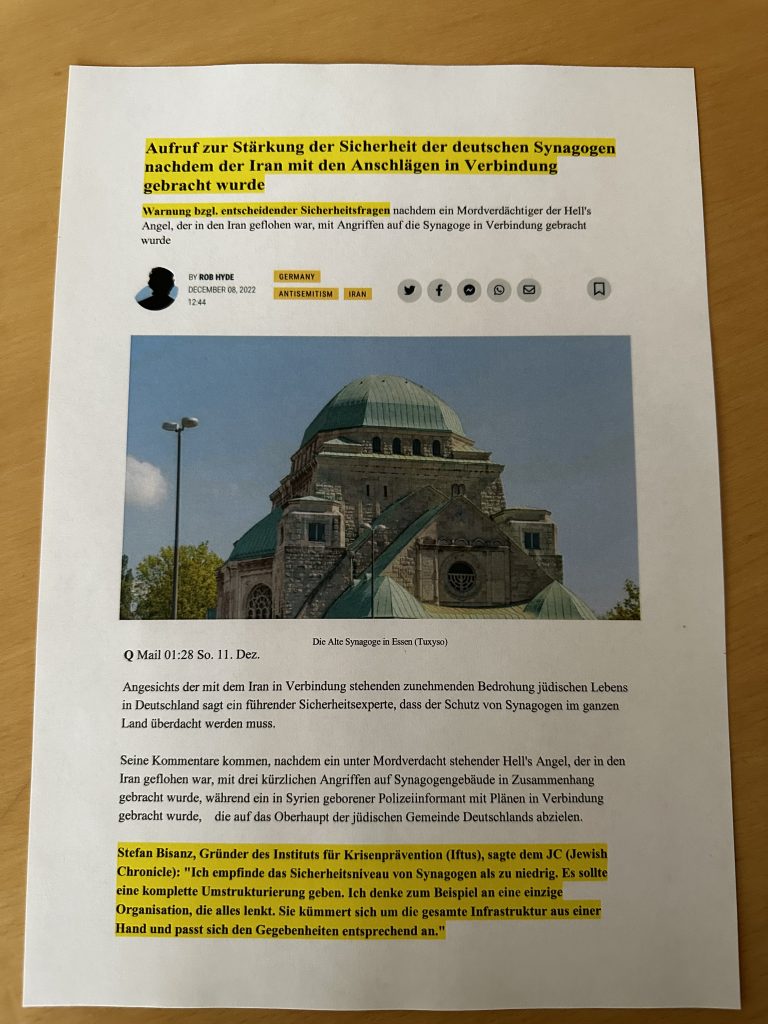 Aufruf zur Stärkung der Sicherheit der deutschen Synagogen nachdem der Iran mit den Anschlägen in Verbindung gebracht wurde